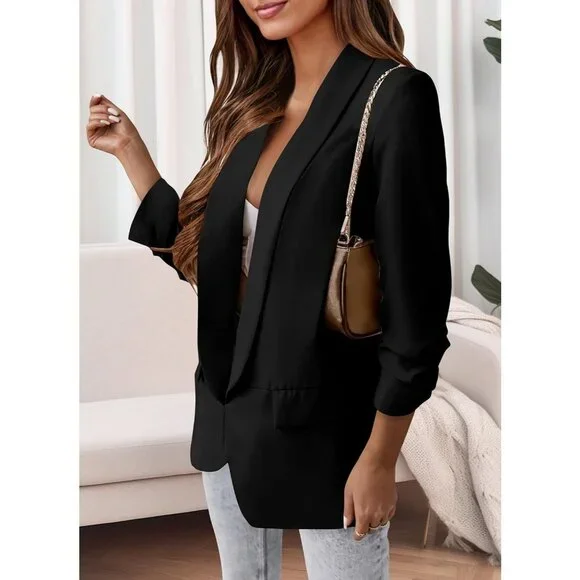 Women's Black Casual Blazer Spring Fall Fashion Long Sleeve Open Front Work